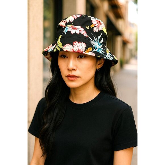 Reversible Black Floral & Solid Bucket Hat For Unisex Lightweight - Picture 2 of 14